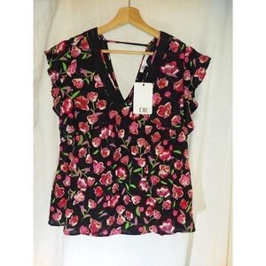 NORDSTROM DR2 Rose Pattern Top, Ruffle Cap Sleeve, Size XS